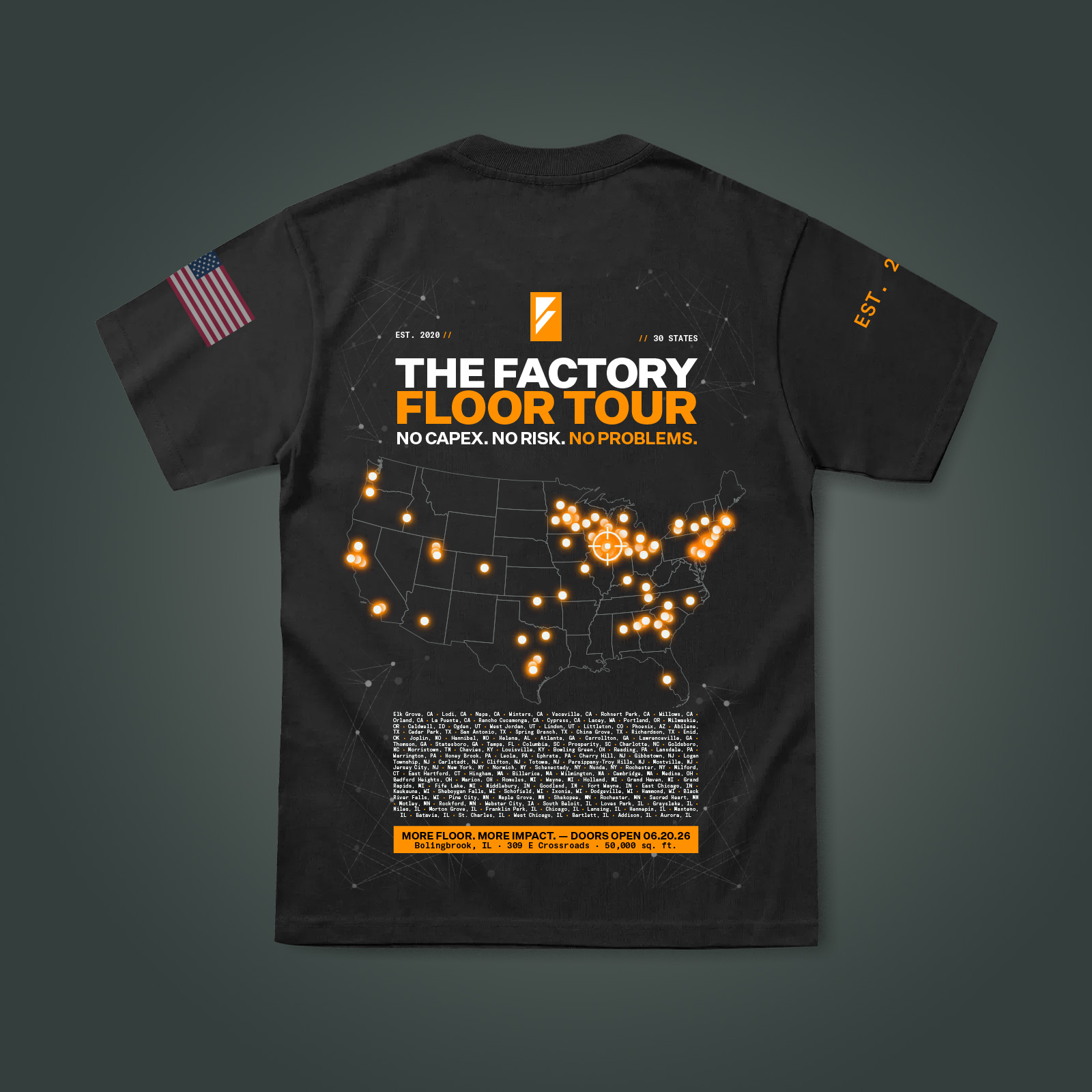 Factory Floor Tour t-shirt — back with tour map and city list