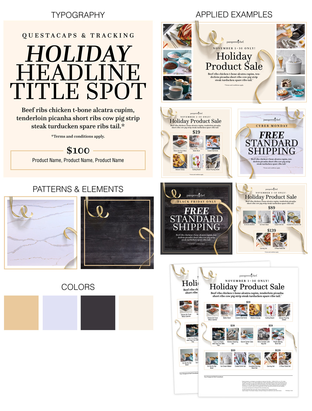 Pampered Chef Holiday Edition look-and-feel system: typography, patterns, colors, and applied examples