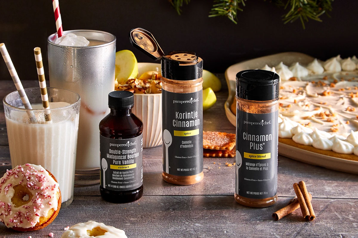 Pampered Chef holiday pantry lifestyle: vanilla, cinnamon, and spice blends in a seasonal scene